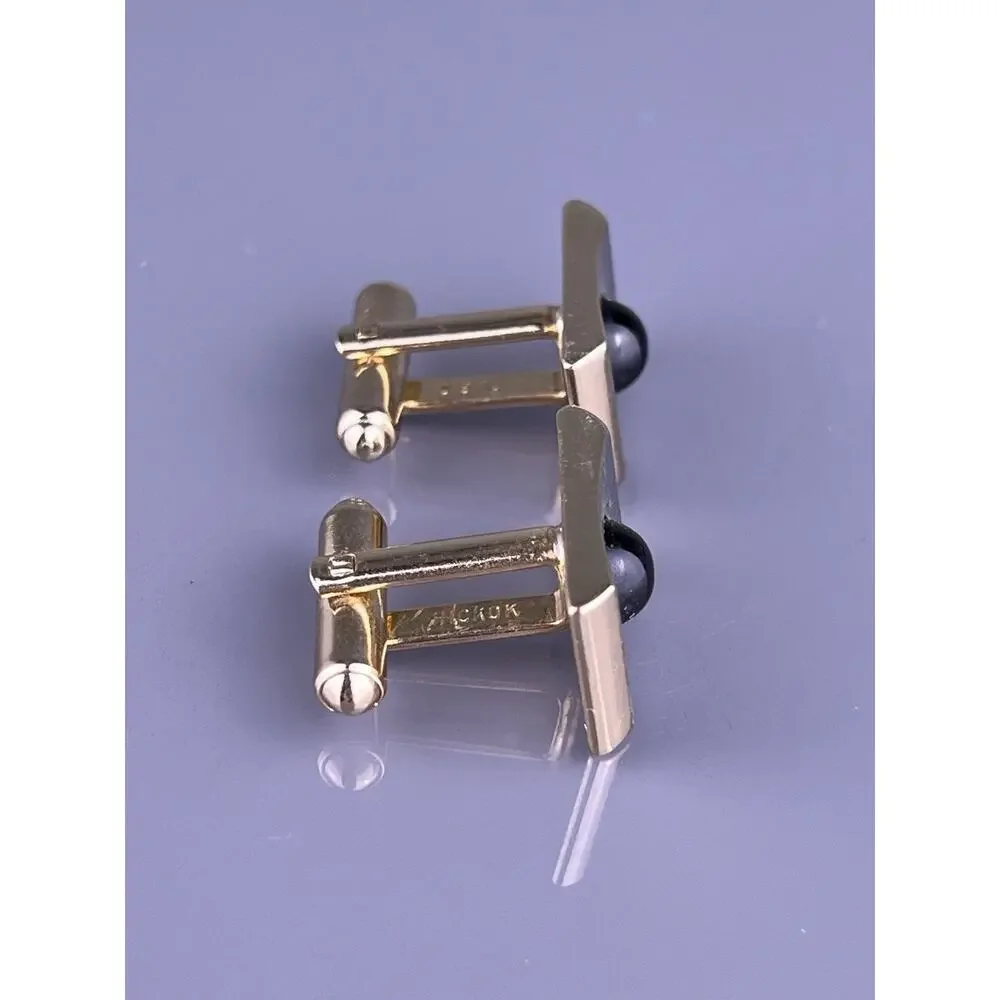Green Glass Cabochon Cufflinks Gold & Silver Tone Simple Hickok Vintage